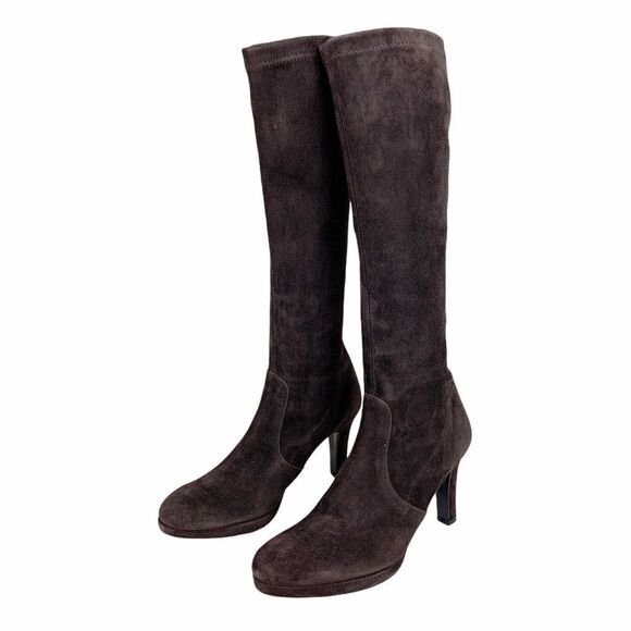 Graffiti Brown Suede Platform Heel Pull-On Boots Sz 7.5 - Picture 1 of 10